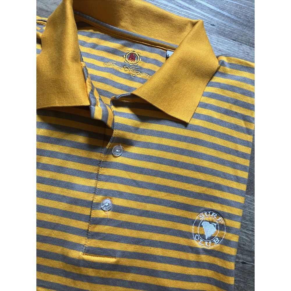 Ben Hogan Mens Striped Golf Polo Shirt Yellow Grey Surf Club‎ Logo Size Large